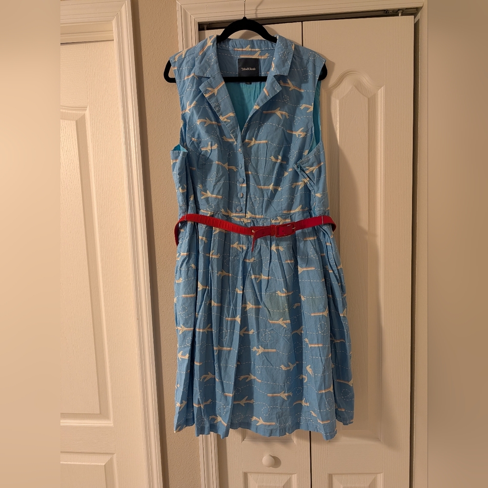Modcloth Sky Blue Midi Dress with Red Accents And Airplanes